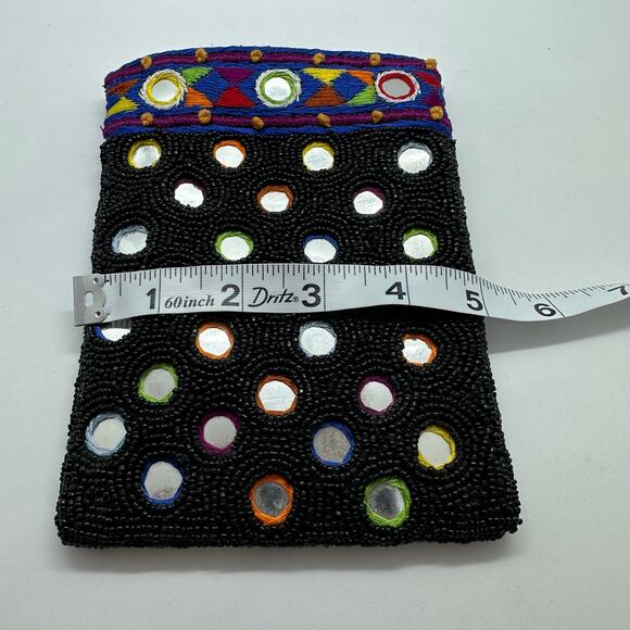 Vintage Cache Beaded Coin Purse Lined Zipper Pouch Black Aztec Print Mirrors - Picture 7 of 8